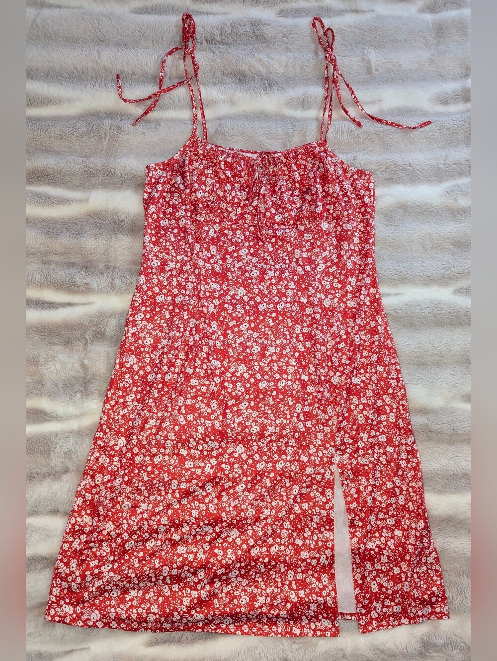 Red Floral Tie-Strap Midi Dress with Side Slit XXL